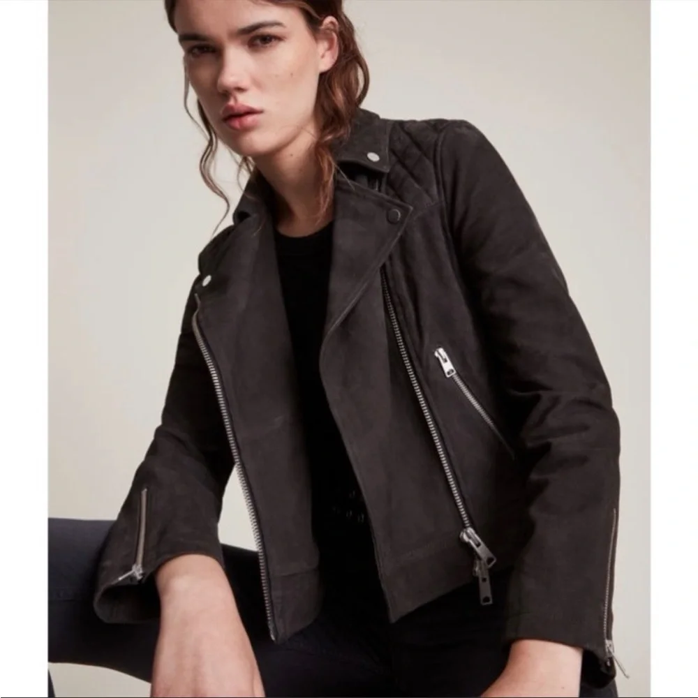 $499⬇️ALL SAINTS Caden suede Leather Jacket           faux fur trim - Picture 3 of 7